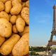 On left, a bunch of raw potatoes; on right, the Eiffel tower